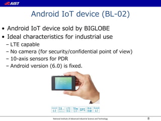 National Institute of Advanced Industrial Science and Technology
Android IoT device (BL-02)
• Android IoT device sold by BIGLOBE
• Ideal characteristics for industrial use
– LTE capable
– No camera (for security/confidential point of view)
– 10-axis sensors for PDR
– Android version (6.0) is fixed.
8
 