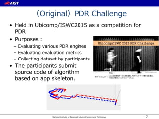 National Institute of Advanced Industrial Science and Technology
（Original）PDR Challenge
• Held in Ubicomp/ISWC2015 as a competition for
PDR
• Purposes：
– Evaluating various PDR engines
– Evaluating evaluation metrics
– Collecting dataset by participants
• The participants submit
source code of algorithm
based on app skeleton.
7
 