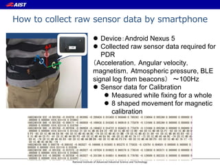 National Institute of Advanced Industrial Science and Technology
How to collect raw sensor data by smartphone
 Device：Android Nexus 5
 Collected raw sensor data required for
PDR
（Acceleration，Angular velocity，
magnetism，Atmospheric pressure, BLE
signal log from beacons） ～100Hz
 Sensor data for Calibration
 Measured while fixing for a whole
 8 shaped movement for magnetic
calibration
 