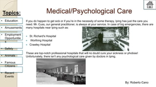 Medical/Psychological Care 
If you do happen to get sick or if you’re in the necessity of some therapy, Iping has just the care you 
need. Mr. Cuss, our general practitioner, is always at your service. In case of big emergencies, there are 
many hospitals near Iping such as: 
 St. Richard's Hospital 
 Worthing Hospital 
 Crawley Hospital 
These are top-notch professional hospitals that will no doubt cure your sickness or phobias! 
Unfortunately, there isn't any psychological care given by doctors in Iping. 
Topics: 
• Education 
• Amusements 
• Employment 
Opportunitie 
s 
• Safety 
• Animals 
• Famous 
Citizens 
• Recent 
Events 
By: Roberto Cano 
 