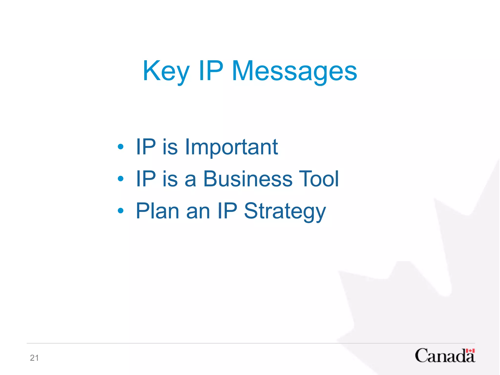 Key IP Messages
• IP is Important
• IP is a Business Tool
• Plan an IP Strategy
21
 