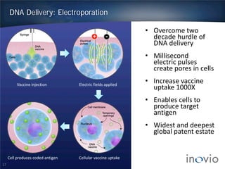 DNA Delivery: Electroporation
Electric fields appliedVaccine injection
• Overcome two
decade hurdle of
DNA delivery
• Millisecond
electric pulses
create pores in cells
• Increase vaccine
uptake 1000X
• Enables cells to
produce target
antigen
• Widest and deepest
global patent estate
17
Cellular vaccine uptakeCell produces coded antigen
 