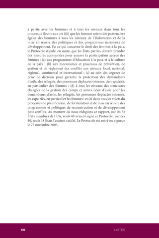 NOTES90
à parité avec les hommes et à tous les niveaux dans tous les
processus électoraux ; et (iii) que les femmes soient des partenaires
égales des hommes à tous les niveaux de l’élaboration et de la
mise en œuvre des politiques et des programmes nationaux de
développement. En ce qui concerne le droit des femmes à la paix,
le Protocole stipule, en outre, que les États parties doivent prendre
des mesures appropriées pour assurer la participation accrue des
femmes : (a) aux programmes d’éducation à la paix et à la culture
de la paix ; (b) aux mécanismes et processus de prévention, de
gestion et de règlement des conflits aux niveaux local, national,
régional, continental et international ; (c) au sein des organes de
prise de décision pour garantir la protection des demandeurs
d’asile, des réfugiés, des personnes déplacées internes, des rapatriés,
en particulier des femmes ; (d) à tous les niveaux des structures
chargées de la gestion des camps et autres lieux d’asile pour les
demandeurs d’asile, les réfugiés, les personnes déplacées internes,
les rapatriés, en particulier les femmes ; et (e) dans tous les volets du
processus de planification, de formulation et de mise en œuvre des
programmes et politiques de reconstruction et de développement
post-conflits. Au moment où nous rédigions ce rapport, sur les 53
États membres de l’UA, seuls 40 avaient signé ce Protocole. Sur ces
40, seuls 18 États l’avaient ratifié. Le Protocole est entré en vigueur
le 25 novembre 2005.
 