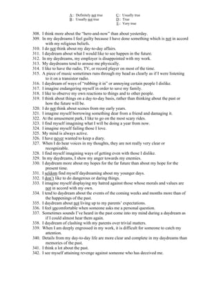 A:: Definitely not true   C:: Usually true
                    B:: Usually not true      D:: True
                                              E:: Very true

308. I think more about the “here-and-now” than about yesterday.
309. In my daydreams I feel guilty because I have done something which is not in accord
        with my religious beliefs.
310. I do not think about my day-to-day affairs.
311. I daydream about what I would like to see happen in the future.
312. In my daydreams, my employer is disappointed with my work.
313. My daydreams tend to arouse me physically.
314. I like to have the radio, TV, or record player on most of the time.
315. A piece of music sometimes runs through my head as clearly as if I were listening
        to it on a transistor radio.
316. I daydream of ways of “rubbing it in” or annoying certain people I dislike.
317. I imagine endangering myself in order to save my family.
318. I like to observe my own reactions to things and to other people.
319. I think about things on a day-to-day basis, rather than thinking about the past or
        how the future will be.
320. I do not think about scenes from my early years.
321. I imagine myself borrowing something dear from a friend and damaging it.
322. At the amusement park, I like to go on the most scary rides.
323. I find myself imagining what I will be doing a year from now.
324. I imagine myself failing those I love.
325. My mind is always active.
326. I have never wanted to keep a diary.
327. When I do hear voices in my thoughts, they are not really very clear or
        recognizable.
328. I find myself imagining ways of getting even with those I dislike.
329. In my daydreams, I show my anger towards my enemies.
330. I daydream more about my hopes for the far future than about my hope for the
        present time.
331. I seldom find myself daydreaming about my younger days.
332. I don’t like to do dangerous or daring things.
333. I imagine myself displaying my hatred against those whose morals and values are
        not in accord with my own.
334. I tend to daydream about the events of the coming weeks and months more than of
        the happenings of the past.
335. I daydream about not living up to my parents’ expectations.
336. I feel uncomfortable when someone asks me a personal question.
337. Sometimes sounds I’ve heard in the past come into my mind during a daydream as
        if I could almost hear them again.
338. I daydream of clashing with my parents over trivial matters.
339. When I am deeply engrossed in my work, it is difficult for someone to catch my
        attention.
340. Details from my day-to-day life are more clear and complete in my daydreams than
        memories of the past.
341. I think a lot about the past.
342. I see myself attaining revenge against someone who has deceived me.
 