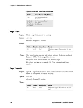 Chapter 7 — IPL Command Reference



                         Options Selected, Transmit (continued)
                          Printer       Values Returned by Printer
                          7421          0 = No options selected
                                        1 = Cutter
                          EasyCoder     0 = No options selected
                          F4, PF2i,     1 = Cutter
                          PF4i, PM4i,   4 = Self-strip
                          PX4i, PX6i



Page, Select
             Purpose: Selects a page for data entry or printing.
               Syntax: <ESC>Gn
                         where n is the page ID number.
             Printers:

                          Printer   Default    Values for n       Notes
                          All       n=0        0 to 9             All printers support this command the same
                                                                  way.


               Notes: After you select the page, the field pointer points to the lowest numbered
                      data entry field of the lowest position format.
                         The printer clears all host-entered data from this page.
                         The printer generates an error code (36) if you enter an invalid page
                         number.

Page, Transmit
             Purpose: Uploads a page from the printer in the form of commands used to create a
                      format. It also uploads all formats in a page.
               Syntax: <ESC>yn
                         where n is the page ID number.
             Printers:

                          Printer   Default    Values for n       Notes
                          All       None       1 to 9             All printers support this command the same
                                                                  way.




108                                                                       IPL Programmer’s Reference Manual
 