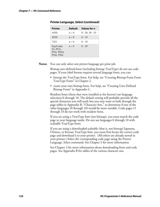 Chapter 7 — IPL Command Reference



                        Printer Language, Select (continued)

                         Printer       Default    Values for n
                         44X0          n=0        0 - 20, 30 - 33
                         4X30          n=0        0 - 10
                         7421          n=0        0 - 10
                         EasyCoder     n=0        0 - 20
                         F4, PF2i,
                         PF4i, PM4i,
                         PX4i, PX6i


               Notes: You can only select one printer language per print job.
                        Bitmap user-defined fonts (including bitmap TrueType) do not use code
                        pages. If your label format requires several language fonts, you can:
                        • bitmap the TrueType fonts. For help, see “Creating Bitmap Fonts From
                          TrueType Fonts” in Chapter 2.
                        • create your own bitmap fonts. For help, see “Creating User-Defined
                          Bitmap Fonts” in Appendix C.
                        Resident fonts (those that were installed at the factory) use language
                        selections 0 through 10. The default setting will probably provide all the
                        special characters you will need, but you may want to look through the
                        page tables in Appendix B, “Character Sets,” to determine if one of the
                        other languages (0 through 10) would be more suitable. Code pages 11
                        through 33 do not work with resident fonts.
                        If you are using a TrueType font (not bitmap), you must match the code
                        page to your language needs. Do not use languages 0 through 10 with
                        scaleable TrueType fonts.
                        If you are using a downloaded scaleable (that is, not bitmap) Japanese,
                        Chinese, or Korean TrueType font, you must first locate the correct code
                        page and download it to your printer. (All others are already stored in
                        your printer.) Select the corresponding code page using the Printer
                        Language, Select command. See Chapter 2 for more information.
                        See Chapter 2 for more information about downloading fonts and code
                        pages. See Appendix B for tables of the various character sets.




134                                                                 IPL Programmer’s Reference Manual
 