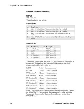 Chapter 7 — IPL Command Reference



                        Bar Code, Select Type (continued)

                        UPC/EAN
                        c7[,m1][,m2]
                        The default for m1 and m2 is 0.

                        Values for m1

                         m1     Description
                         0      Selects UPC/EAN Codes. Printer enters check digit. Flag 1 enabled.
                         1      Selects UPC/EAN Codes. Printer enters check digit. Flag 1 disabled.
                         2      Selects UPC/EAN Codes. Host enters check digit and printer verifies Flag 1
                                enabled.
                         3      Selects UPC/EAN Codes. Host enters check digit and printer verifies. Flag 1
                                disabled.


                        Values for m2

                         m2     Description            m2   Description
                         0      variable length        5    UPC Version D1
                         1      EAN 8                  6    UPC Version D2
                         2      EAN 13                 7    UPC Version D3
                         3      UPC Version A          8    UPC Version D4
                         4      UPC Version E          9    UPC Version D5


                        The variable length option selects the UPC/EAN version by the number of
                        characters in the data field. The number of data characters and check
                        characters allowed for each version are:
                        EAN 8                     7 data + 1 check character
                        EAN 13                    12 data + 1 check character
                        UPC version A             11 data + 1 check character
                        UPC version E             6 data + 1 check character
                        UPC version D1            13 data + 1 check character
                        UPC version D2            18 data + 2 check characters
                        UPC version D3            22 data + 2 check characters
                        UPC version D4            25 data + 3 check characters
                        UPC version D5 29 data + 3 check characters
                        Use a “.” to delimit the bar code data from the supplemental data. Data to
                        the right of the “.” is supplemental data; data to the left is bar code data.
                        You can add the two- or five-digit supplemental to any version of the
                        UPC/EAN code.



146                                                                     IPL Programmer’s Reference Manual
 