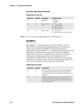 Chapter 7 — IPL Command Reference



                        Bar Code, Select Type (continued)

                        Values for m1, m2, m3

                         Parameter   Default   Description         Possible Values
                         ,m1         2         QR model            1 = Model 1
                                                                   2 = Model 2
                         ,m2         M         Error correction    L = 7% correction
                                               level               M = 15% correction
                                                                   Q = 25% correction
                                                                   H = 30% correction
                         ,m3         8         Mask number         0-7 = Mask type
                                                                   8 = Auto-selection of mask by printer


               Notes: You can only create QR symbols up to 3550 characters.

                        MicroPDF417
                        c19[,m1][,m2]
                        MicroPDF417 is a 2D symbology, derived from PDF417. You use
                        MicroPDF417 for applications needing improved area efficiency but
                        without the requirement for PDF417’s maximum data capacity.
                        MicroPDF417 replaces PDF417’s 17-module-wide start/stop patterns and
                        left/right row indicators with a unique set of 10-module-wide Row
                        Address Patterns, which were designed both to reduce overall symbol
                        width and to enable linear scanning at row heights as low as 2X.
                        MicroPDF417, unlike PDF417, may only be printed in certain defined
                        combinations of number of data columns (m1) and number of data rows
                        (m2), up to a maximum of 4 data columns by 44 data rows.

                        Values for m1 and m2

                         Parameter   Default    Description
                         m1          0          Sets the number of data columns in the printed symbol.
                                                The default setting (0) allows the printer to determine
                                                the most efficient size for given data. Possible values are 0
                                                through 4.
                         m2          0          Sets the number of data rows in the printed symbol. The
                                                default setting (0) allows the printer to determine the
                                                most efficient size for given data. Possible values depend
                                                on the setting for m1.




156                                                                  IPL Programmer’s Reference Manual
 