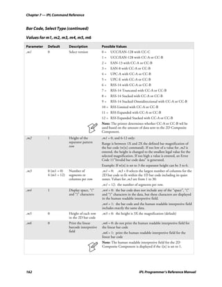 Chapter 7 — IPL Command Reference


Bar Code, Select Type (continued)

Values for m1, m2, m3, m4, m5, m6

Parameter   Default       Description            Possible Values
,m1         0             Select version         0 = UCC/EAN-128 with CC-C
                                                 1=    UCC/EAN-128 with CC-A or CC-B
                                                 2=    EAN-13 with CC-A or CC-B
                                                 3=    EAN-8 with CC-A or CC-B
                                                 4=    UPC-A with CC-A or CC-B
                                                 5=    UPC-E with CC-A or CC-B
                                                 6=    RSS-14 with CC-A or CC-B
                                                 7=    RSS-14 Truncated with CC-A or CC-B
                                                 8=    RSS-14 Stacked with CC-A or CC-B
                                                 9=    RSS-14 Stacked Omnidirectional with CC-A or CC-B
                                                 10 = RSS Limited with CC-A or CC-B
                                                 11 = RSS Expanded with CC-A or CC-B
                                                 12 = RSS Expanded Stacked with CC-A or CC-B
                                                 Note: The printer determines whether CC-A or CC-B wil be
                                                 used based on the amount of data sent to the 2D Composite
                                                 Component.
,m2         1             Height of the          ,m1 = 0, and 6-12 only:
                          separator pattern      Range is between 1X and 2X the defined bar magnification of
                          row                    the bar code (w[n] command). If too low of a value for ,m2 is
                                                 entered, the height is changed to the smallest legal value for the
                                                 selected magnification. If too high a value is entered, an Error
                                                 Code 11”Invalid bar code data” is generated.
                                                 Example: If w[n] is set to 3 the separator height can be 3 to 6.
,m3         0 (m1 = 0)    Number of              ,m1 = 0: ,m3 = 0 selects the largest number of columns for the
            4 (m1 = 12)   segments or            2D bar code to fit within the 1D bar code including its quiet
                          columns per row        zones. Values for ,m3 are from 1 to 30.
                                                 ,m1 = 12: the number of segments per row.
,m4         1             Display space, “(“     ,m4 = 0: the bar code does not include any of the “space”, “(“
                          and “)” characters     and “)” characters in the data, but these characters are displayed
                                                 in the human readable interpretive field.
                                                 ,m4 = 1: the bar code and the human readable interpretive field
                                                 includes exactly the same data.
,m5         0             Height of each row     ,m5 = 0: the height is 3X the magnification (default)
                          in the 2D bar code
,m6         0             Print the linear       ,m6 = 0: do not print the human readable interpretive field for
                          barcode interpretive   the linear bar code
                          field                  ,m6 = 1: print the human readable interpretive field for the
                                                 linear bar code
                                                 Note: The human readable interpretive field for the 2D
                                                 Composite Component is displayed if the i[n] is set to 1.




162                                                                         IPL Programmer’s Reference Manual
 