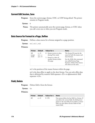 Chapter 7 — IPL Command Reference




Current Edit Session, Save
             Purpose: Saves the current page, format, UDC, or UDF being edited. The printer
                      remains in Program mode.
              Syntax: N
                Notes: The printer automatically saves the current page, format, or UDC when
                       you call a new one or when you exit Program mode.



Data Source for Format in a Page, Define
             Purpose: Defines a data source for a format assigned to a page position.
              Syntax: en[,m1][,m2]
             Printers:

                          Printer   Default    Values for n                      Notes
                          All       n=0        0 - format receives its data      The format ID must be the
                          except    m1 = a         during Print mode             same for both the master and
                          4X30      m2 = 0                                       slave formats.
                                               1 - format is a slave of
                                                   another format within         For the 4X30, this command
                                                   this page.                    was called Format Page
                                                                                 Position, Define Data Source.
                                                                                 All values are the same.


                         m1 is the position of the master format within the page.
                         m2 is the data offset to apply to the slave format. You can only offset data
                         that is delimited by numeric field separator <FS> or alphanumeric field
                         separator <GS>.

Field, Delete
             Purpose: Deletes field n from the format.
              Syntax: Dn
             Printers:

                          Printer   Default    Values for n      Notes
                          All       n=0        0 -199.           You cannot delete the last field in a format. If
                                                                 you delete the current field, the field pointer
                                                                 points to the next field. If you delete a master
                                                                 field, you also delete all slave fields of that
                                                                 master field.




174                                                                    IPL Programmer’s Reference Manual
 