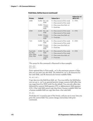 Chapter 7 — IPL Command Reference



                       Field Data, Define Source (continued)

                                                                                          Values for m1
                        Printer       Default            Values for n                     (d0 or d1)
                        44X0          0,20,0 Bar code    0 = Data entered in Print mode   0 - 3550
                                             fields      1 = Data entered in Print mode
                                      0,30,0 Human-      2 = Data comes from field ,m1
                                             readable    3 = Fixed data
                                             fields
                        4X30          0,20,0 Bar code    0 = Data entered in Print mode   0 - 3550
                                             fields      1 = Data entered in Print mode
                                      0,30,0 Human-      2 = Data comes from field ,m1
                                             readable    3 = Fixed data
                                             fields
                        7421          0,20,0 Bar code    0 = Data entered in Print mode   0 - 3550
                                             fields      1 = Data entered in Print mode
                                      0,30,0 Human-      2 = Data comes from field ,m1
                                             readable    3 = Fixed data
                                             fields
                        EasyCoder     0,20,0 Bar code    0 = Data entered in Print mode   0 - 3550
                        F4, PF2i,            fields      1 = Data entered in Print mode
                        PF4i, PM4i,   0,30,0 Human-      2 = Data comes from field ,m1
                        PX4i, PX6i
                                             readable    3 = Fixed data
                                             fields


                        The syntax for this command is illustrated in these examples.
                        d0[,m1]
                        d1[,m1];
                        Enter optional data in Print mode. ,m1 is the maximum amount of data
                        that you can enter into this field. The default for ,m1 is 20 characters for
                        bar code fields, and 30 characters for human-readable fields.
                        d2,m1[,m2];
                        Copy data into this field from field ,m1. You must define the field before
                        you can use it. ,m2 is an optional positive integer numeric field offset that
                        can range from 0 to 9999, with 0 as the default. You can only offset data
                        delimited by numeric field separator (FS) or alphanumeric field separator
                        (GS). A bar code field cannot copy data from a human-readable field, but
                        a human-readable field can copy data from a bar code field.
                        d3,m1;
                        Fixed data m1 is stored as part of the format, and you use it every time you
                        print the current field. You cannot change entered data with print
                        commands.




176                                                                 IPL Programmer’s Reference Manual
 