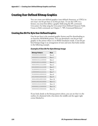 Appendix C — Creating User-Defined Bitmap Graphics and Fonts




Creating User-Defined Bitmap Graphics
                          You can create user-defined graphics (user-defined characters, or UDCs) in
                          two ways: one bit per byte or six bits per byte. To use the UDC in a
                          format, you must first define a graphic field using the IPL command
                          Un[,name]. For help using the Un[,name] (User-Defined Character Field,
                          Create or Edit) command, see Chapter 7, “IPL Command Reference.”

Creating One Bit Per Byte User-Defined Graphics
                          One bit per byte is the standard graphic format used for downloading to
                          an Intermec 8636/8646 printer. You can download a one bit per byte
                          graphic to the printer when it is in 86XX Emulation mode. A one bit per
                          byte bitmap image is an arrangement of ones and zeros that looks similar
                          to the following example.

                          Example of One-Bit Per Byte Bitmap Image
                           Bitmap Pattern           Row
                           000000010000000          Row 0
                           000000111000000          Row 1
                           000001011100000          Row 2
                           000010011110000          Row 3
                           000100011111000          Row 4
                           001000011111100          Row 5
                           010000011111110          Row 6
                           100000011111111          Row 7
                           010000010000010          Row 8
                           001000010000100          Row 9
                           000100010001000          Row 10
                           000010010010000          Row 11
                           000001010100000          Row 12
                           000000111000000          Row 13
                           000000010000000          Row 14


                          If you look closely at the bitmap pattern above, you can see that it is the
                          outline of a diamond with a line down the middle and the upper right
                          corner blacked in.




220                                                                  IPL Programmer’s Reference Manual
 