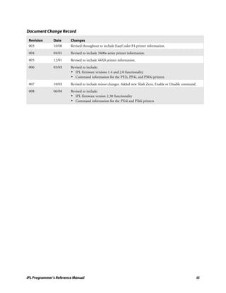Document Change Record

 Revision      Date      Changes
 003           10/00     Revised throughout to include EasyCoder F4 printer information.
 004           04/01     Revised to include 3400e series printer information.
 005           12/01     Revised to include 44X0 printer information.
 006           03/03     Revised to include:
                         • IPL firmware versions 1.4 and 2.0 functionality
                         • Command information for the PF2i, PF4i, and PM4i printers
 007           10/03     Revised to include minor changes. Added new Slash Zero, Enable or Disable command.
 008           06/04     Revised to include:
                         • IPL firmware version 2.30 functionality
                         • Command information for the PX4i and PX6i printers




IPL Programmer’s Reference Manual                                                                             iii
 