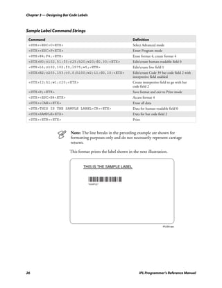 Chapter 3 — Designing Bar Code Labels



Sample Label Command Strings

 Command                                                        Definition
 <STX><ESC>C<ETX>                                               Select Advanced mode
 <STX><ESC>P<ETX>                                               Enter Program mode
 <STX>E4;F4;<ETX>                                               Erase format 4, create format 4
 <STX>H0;o102,51;f0;c25;h20;w20;d0,30;<ETX>                     Edit/create human-readable field 0
 <STX>L1;o102,102;f0;l575;w5;<ETX>                              Edit/create line field 1
 <STX>B2;o203,153;c0,0;h100;w2;i1;d0,10;<ETX>                   Edit/create Code 39 bar code field 2 with
                                                                interpretive field enabled
 <STX>I2;h1;w1;c20;<ETX>                                        Create interpretive field to go with bar
                                                                code field 2
 <STX>R;<ETX>                                                   Save format and exit to Print mode
 <STX><ESC>E4<ETX>                                              Access format 4
 <STX><CAN><ETX>                                                Erase all data
 <STX>THIS IS THE SAMPLE LABEL<CR><ETX>                         Data for human-readable field 0
 <STX>SAMPLE<ETX>                                               Data for bar code field 2
 <STX><ETB><ETX>                                                Print


                          Note: The line breaks in the preceding example are shown for
                          formatting purposes only and do not necessarily represent carriage
                          returns.

                          This format prints the label shown in the next illustration.


                                  THIS IS THE SAMPLE LABEL



                                        *SAMPLE*




                                                                                       IPL004.eps




26                                                                  IPL Programmer’s Reference Manual
 