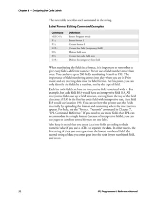 Chapter 3 — Designing Bar Code Labels


                          The next table describes each command in the string.

                          Label Format Editing Command Examples

                            Command         Definition
                            <ESC>P;         Enters Program mode
                            E1;             Erases format 1
                            F1;             Creates format 1
                            L39;            Creates line field (temporary field)
                            D0;             Deletes field zero
                            B0;             Creates bar code field zero
                            D39;            Deletes the temporary line field


                          When numbering the fields in a format, it is important to remember to
                          give every field a different number. Never use a field number more than
                          once. You can have up to 200 fields numbering from 0 to 199. The
                          importance of field numbering comes into play when you are in Print
                          mode and are entering data into the label format. At this point, you can
                          only identify the fields by a number, not by the type of field.
                          Each bar code field can have an interpretive field associated with it. For
                          example, bar code field B33 would have an interpretive field I33. All
                          interpretive fields use up a field location, starting from the top of the field
                          directory; if B33 is the first bar code field with interpretive text, then field
                          I33 would use location 199. You can see how the printer uses the fields
                          internally by uploading the format and examining where the interpretives
                          appear. For help, see the “Format, Transmit” command in Chapter 7,
                          “IPL Command Reference.” If you need to use more fields than IPL can
                          accommodate in a single format (because of interpretive fields), you can
                          use pages to combine several formats on one label.
                          Also keep in mind that you enter data into fields according to their
                          numeric value if you use a <CR> to separate the data. In other words, the
                          first string of data you enter goes into the lowest numbered field, the
                          second string of data you enter goes into the next lowest numbered field,
                          and so on.




32                                                                        IPL Programmer’s Reference Manual
 