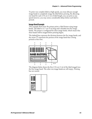 Chapter 5 — Advanced Printer Programming


                         To print very complex labels at high speeds, you must allocate enough
                         image bands to completely image the label before printing. By allocating
                         one band for each 2.54 cm (1 in) of label length, you can print at any
                         speed; however, you may notice considerable delays before each label is
                         printed.

                         Image Band Example
                         This example shows how the printer prints a label format using image
                         bands. The label is 12.7 cm (5 in) long and is divided into five image
                         bands. The printer is configured for three image bands, which means that
                         three bands will be imaged before printing begins.
                         The dashed lines represent the divisions between the five image bands, and
                         the arrow (↑) represents the portion of the image band that is being
                         printed at that time.




                                                           IPL.012



                         The diagram below shows the first 2.54 cm (1 in) of the label imaged into
                         the first image band. The other two image bands are still empty. Printing
                         has not started.




                                            IPL.013




IPL Programmer’s Reference Manual                                                                   53
 