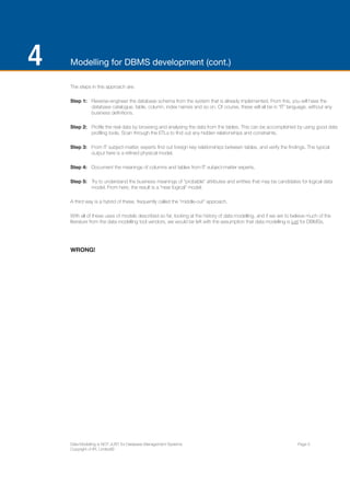 ENTERPRISE ARCHITECTS WHITE PAPER 
BACKGROUND & 
HISTORY 
1950’s – 70’s: 
Information Technology (at that time often called 
Automated Data Processing (ADP)) was starting to 
enter the mainstream world of commerce. During this 
period we saw the introduction of the first database 
management systems such as DL1, IMS, IDMS and 
TOTAL. Who can remember a DBMS that could be 
implemented entirely on tapes? ** 
At that time the cost of disc storage was exceptionally 
high, and the notion of exchangeable disc packs was just 
coming into the data centre. The concept of “database” 
operations came into play and the early mentions of 
“corporate central databases” appeared. 
** It was IMS HISAM if you really want to know. 
1970 – 1990: 
Data was “discovered”. Early mentions of managing 
data “as an asset” were seen and the concepts of 
Data Requirements Analysis and Data Modelling were 
introduced. 
8 | ENTERPRISE ARCHITECTS ©2014 
1990 – 2000: 
The “Enterprise” became flavour of the decade. We saw 
Enterprise Data Management Coordination, Enterprise 
Data Integration, Enterprise Data Stewardship and 
Enterprise Data Use. An important change began to 
happen in this period, there was a dawning realisation 
that “technology” alone wasn’t the answer to many 
of the information issues, and we started to see Data 
Governance being talked about seriously 
2000 and beyond: 
Data Quality, Data as a Service, Data Security & 
Compliance, Data Virtualisation, Services Oriented 
Architecture (SOA), governance and alignment with 
the business were (and still are) the data management 
challenges of this period. 
All of this needs to be undertaken in these rapidly 
changing times when we have a “new” view of 
information: Web 2.0, Blogs, Mash-ups, Data 
Virtualisation. It seems anyone can create data! At 
the same time we have a greater dependence on 
Looking back into the history of data 
management; we see a number of key eras. 
 