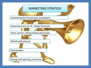 MARKETING STRATEGY
Auctioning the franchisees and players
Advertisement on TV , Radio Channels
Cheerleaders
World wild telecast
Closing and opening ceremony
Team owners selling tickets personally
 