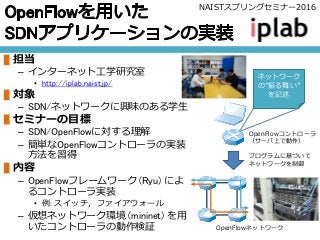 担当
– インターネット工学研究室
• http://iplab.naist.jp/
対象
– SDN/ネットワークに興味のある学生
セミナーの目標
– SDN/OpenFlowに対する理解
– 簡単なOpenFlowコントローラの実装
方法を習得
内容
– OpenFlowフレームワーク (Ryu) によ
るコントローラ実装
• 例: スイッチ，ファイアウォール
– 仮想ネットワーク環境 (mininet) を用
いたコントローラの動作検証
NAISTスプリングセミナー2016
OpenFlowコントローラ
（サーバ上で動作）
OpenFlowネットワーク
プログラムに基づいて
ネットワークを制御
ネットワーク
の”振る舞い”
を記述
 