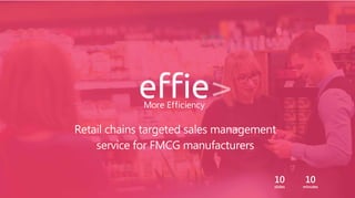 10
minutes
10
slides
10
minutes
10
slides
Retail chains targeted sales management
service for FMCG manufacturers
More Efficiency
 