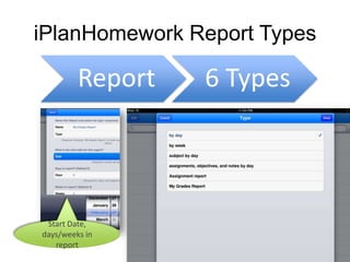 iPlanHomework Report Types

         Report   6 Types



 Start Date,
days/weeks in
   report
 