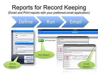 Reports for Record Keeping
(Email and Print reports with your preferred email application)


         Define               Run              Email




                       Run Report


Define                                                    Email
Report                                                   Report
 