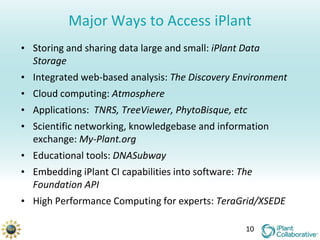 Major Ways to Access iPlant
• Storing and sharing data large and small: iPlant Data
  Storage
• Integrated web-based analysis: The Discovery Environment
• Cloud computing: Atmosphere
• Applications: TNRS, TreeViewer, PhytoBisque, etc
• Scientific networking, knowledgebase and information
  exchange: My-Plant.org
• Educational tools: DNASubway
• Embedding iPlant CI capabilities into software: The
  Foundation API
• High Performance Computing for experts: TeraGrid/XSEDE

                                                   10
 