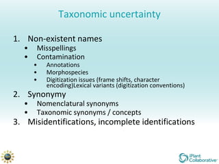 Taxonomic uncertainty

1. Non-existent names
  •   Misspellings
  •   Contamination
      •   Annotations
      •   Morphospecies
      •   Digitization issues (frame shifts, character
          encoding)Lexical variants (digitization conventions)
2. Synonymy
  •   Nomenclatural synonyms
  •   Taxonomic synonyms / concepts
3. Misidentifications, incomplete identifications
 