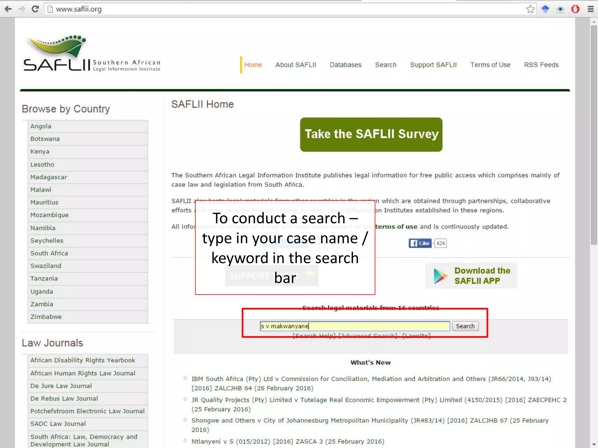 To conduct a search –
type in your case name /
keyword in the search
bar
 
