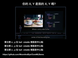 https://github.com/MoonAndEye/CoreMLDemo
你的 X, Y 是我的 X, Y 嗎?
要注意 x , y 在 turi create 裡⾯面是中⼼心點
要注意 x , y 在 turi create 裡⾯面是中⼼心點
要注意 x , y 在 turi create 裡⾯面是中⼼心點
 