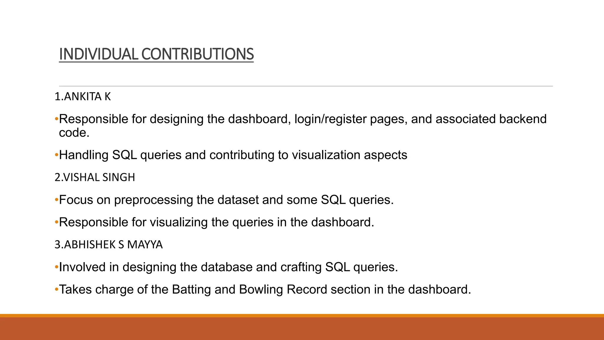 INDIVIDUAL CONTRIBUTIONS
1.ANKITA K
•Responsible for designing the dashboard, login/register pages, and associated backend
code.
•Handling SQL queries and contributing to visualization aspects
2.VISHAL SINGH
•Focus on preprocessing the dataset and some SQL queries.
•Responsible for visualizing the queries in the dashboard.
3.ABHISHEK S MAYYA
•Involved in designing the database and crafting SQL queries.
•Takes charge of the Batting and Bowling Record section in the dashboard.
 