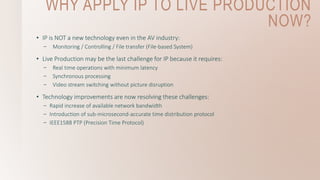 WHY APPLY IP TO LIVE PRODUCTION
NOW?
• IP is NOT a new technology even in the AV industry:
– Monitoring / Controlling / File transfer (File-based System)
• Live Production may be the last challenge for IP because it requires:
– Real time operations with minimum latency
– Synchronous processing
– Video stream switching without picture disruption
• Technology improvements are now resolving these challenges:
– Rapid increase of available network bandwidth
– Introduction of sub-microsecond-accurate time distribution protocol
– IEEE1588 PTP (Precision Time Protocol)
 