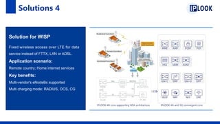 Solutions 4
Solution for WISP
Fixed wireless access over LTE for data
service instead of FTTX, LAN or ADSL.
Application scenario:
Remote country; Home internet services
Key benefits:
Multi-vendor's eNodeBs supported
Multi charging mode: RADIUS, OCS, CG
 