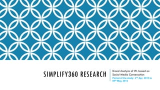 SIMPLIFY360 RESEARCH
Brand Analysis of IPL based on
Social Media Conversation
Period of the study: 2nd Apr, 2013 to
05th May, 2013
 