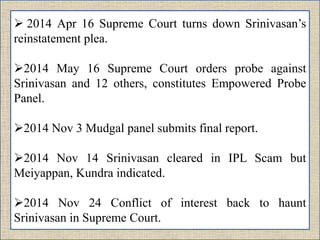  2014 Apr 16 Supreme Court turns down Srinivasan’s
reinstatement plea.
2014 May 16 Supreme Court orders probe against
Srinivasan and 12 others, constitutes Empowered Probe
Panel.
2014 Nov 3 Mudgal panel submits final report.
2014 Nov 14 Srinivasan cleared in IPL Scam but
Meiyappan, Kundra indicated.
2014 Nov 24 Conflict of interest back to haunt
Srinivasan in Supreme Court.
 