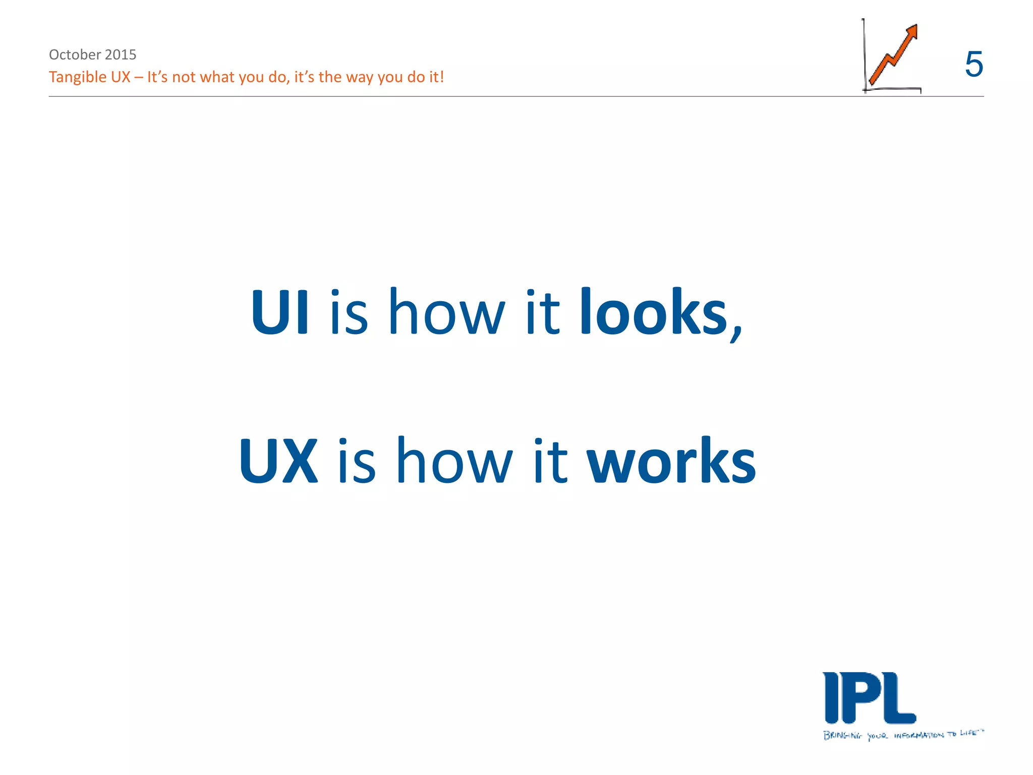 October 2015
Tangible UX – It’s not what you do, it’s the way you do it! 5
UI is how it looks,
UX is how it works
 