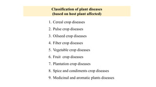 Classification of plant diseases
(based on host plant affected)
1. Cereal crop diseases
2. Pulse crop diseases
3. Oilseed crop diseases
4. Fiber crop diseases
5. Vegetable crop diseases
6. Fruit crop diseases
7. Plantation crop diseases
8. Spice and condiments crop diseases
9. Medicinal and aromatic plants diseases
 