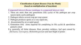 Classification of plant diseases (Van der Plank)
(based on multiplication of inoculum)
Compound interest disease (analogue to compound interest rate)
1. There are more than one generations (life cycle) of the pathogen per crop
season (poly cyclic pathogen)
2. Pathogen infects several crop per crop season
3. Pathogen produces spores at a very rapid rate,
4. disseminated by air at rapid speed.
5. Generation time (time required for completing its life cycle) & sporulation
period is short
E.g. generally, all foliar diseases. Rust, powdery mildews, leaf spot caused by
Alternaria, Cercospora, Helminthosporium and later blight of potato
 
