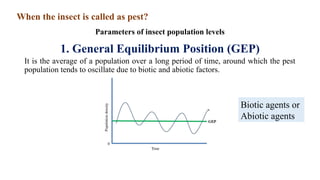 1. General Equilibrium Position (GEP)
It is the average of a population over a long period of time, around which the pest
population tends to oscillate due to biotic and abiotic factors.
When the insect is called as pest?
Biotic agents or
Abiotic agents
Parameters of insect population levels
 