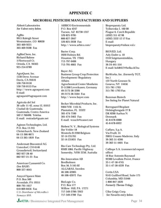 APPENDIX C
               MICROBIAL PESTICIDE MANUFACTURERS AND SUPPLIERS
Abbott Laboratories                ARBICO Environmentals               Biopreparaty Ltd.
See Valent entry below.            P.O. Box 4247                       Tylisovska 1, 160 00
                                   Tucson, AZ 85738-1247               Prague 6, Czech Republic
AgBio                              520-825-9785                        (4202) 311 42 98
9915 Raleigh Street                800-827-2847                        (4202) 3332 12 17 Fax
Westminster, CO 80030              520-825-2038 Fax                    E-mail:
303-469-9221                       http://www.arbico.com/              biopreparaty@mbox.vol.c
303-469-9598 Fax
                                   Bactec Corp.                        BIOVED, Ltd.
AgBioChem, Inc.                    2020 Holmes Rd.                     Ady Endre u. 10
Richard Bahme                      Houston, TX 77045                   2310 Szigetszentmiklos,
3 Fleetwood Ct.                    713-797-0406                        Hungary
Orinda, CA 94563                   713-795-4665 Fax                    36-24-441-554
925-254-0789                                                           E-mail: boh8457@helka.iif.hu
                                   Bayer AG
AgraQuest, Inc.                    Business Group Crop Protection      BioWorks, Inc. (formerly TGT,
1530 Drew Avenue                   Development/Regulatory              Inc.)
Davis, CA 95616                    Affairs                             122 North Genesee St.
530-750-0150                       Agrochemical Center Monheim         Geneva, NY 14456
530-750-0153 Fax                   D-51368 Leverkusen, Germany         315-781-1703
http://www.agraquest.com           49-2173-38-3280                     315-781-1793 Fax
E-mail:                            49-2173-38-3564 Fax
agraquest@agraquest.com            http://www.bayer.com                Bozeman Biotech
                                                                       See listing for Planet Natural
Agricola del Sol                   Becker Microbial Products, Inc.
30 calle 11-42, zona 12, 01012
                                   9464 NW 11th St.                    Borregaard Bioplant
Ciudad de Guatemala,
                                   Plantation, FL 33322                Helsingforsgade 27 B
Guatemala, Centro America
                                   305-474-7590                        DK 8200 Aarhus N
502-2 760496 Telefax
                                   305-474-2463 Fax                    Denmark
E-mail: restrada@guate.net
                                   E-mail: tcouch@icanect.net          45-8-678-6988
                                                                       45-8-678-6922
Agimm Technologies, Ltd.
                                   Biobest N. V., Biological Systems
P.O. Box 13-245
                                   Ilse Velder 18                      Caffaro, S.p.A.
Christchurch, New Zealand
                                   Westerlo B-2260 Belgium             Via Fruili, 55
64-13-366-8671
                                   32-14-231701                        20031 Cesano Maderno, Italy
64-13-365-1859 Fax
                                   32-14-231831 Fax                    39-362-51-4266
Andermatt Biocontrol AG                                                39-362-51-4405 Fax
Unterdorf, CH-6146                 Bio-Care Technology Pty. Ltd.
Grossdietwil, Switzerland          RMB 1084, Pacific Highway           Calliope S.A. (commercial export
062-927-28-40                      Somersby, NSW 2250, Autralia        office)
062-927-21-23 Fax                                                      16 Rue Antonin Raynaud
                                   Bio-Innovation AB                   92300 Levallois Perret, France
American Cyanamid Co.              Bredholmen                          33-1-47-58-4745
(See BASF)                         Box 56, S-545 02                    33-1-47-58-4339 Fax
800-327-4645                       ALGARAS, Sweden
                                   46-506-42005                        Certis USA
Amycel Spawn Mate                  46-506-42072 Fax                    9145 Guilford Road, Suite 175
P.O. Box 560                                                           Columbia, MD 21046
Avondale, PA 19311                 BioLogic Co.                        1-800-847-5620
800-795-1657                       P.O. Box 177                        Formerly Thermo Trilogy.
610-869-8456 Fax                   Willow Hill, PA 17271
U.S. Distributor of MicroBio’s     717-349-2789/2922                   Ciba-Geigy Corp.
Nemasys M.                        717-349-2789 Fax                    See Novartis entry below.

           //Biointensive Integrated Pest Management                                          Page 34
 