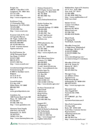 Ecogen, Inc.                      Helena Chemical Co.            Makhteshim–Agan of N.America
2000 W. Cabot Blvd. #170          6075 Poplar Avenue Suite 500   551 5th Ave., Suite 1000
Langhorne, PA 19047-1811          Memphis, TN 38119-0101         New York, NY 10175
215-757-1595                      901-761-0050                   212-661-9800
215-757-2956 Fax                  901-683-2960 Fax               221-661-9038/9043 Fax
http://www.ecogeninc.com          http://                        http://www.makhteshim.co.il/
                                  www.helenachemical.com         html/mcw.html
EcoScience Corp.
17 Christopher Way                Hydro-Gardens, Inc.            Market VI LLC
Eatontown, NJ 07724-3325          P.O. Box 25845                 Contact: Vern Illum
732-676-3000                      Colorado Springs, CO 80936     6613 Naskins
732-676-3031 Fax                  800-634-6362                   Shawnee KS 66216
http://www.ecosci.com                                            Illiumv@aol.com
                                  719-495-2266
                                                                 913-268-7504
                                  719-495-2267 Fax
Ecosense Labs (I) Pvt. Ltd.                                      816-805-0120 Mobile
                                  E-mail: hgi@usa.net
54 Yogendra Bhavan                http://www.hydro-
                                                                 Mauri Foods
J.B. Nagar, Andheri (E)           gardens.com
                                                                 67 Epping Rd.
Mumbai–400 059 India
                                                                 North Ryde, Australia
834-9136/830-0967                 IPM Laboratories, Inc.
(91-22) 822-8016 Fax              P.O. Box 300                   MicroBio Group Ltd.
E-mail: ecosense.mamoo            Locke, NY 13092-0300           17 High Street, Whittlesford
@gems.vsnl.net.in                 315-497-2063                   Cambridge, CB2 4LT. UK
                                  315-497-3129 Fax               44 (0)1223 830860
Eco Soil Systems, Inc.            http://www.imptech.com         44 (0)1223 830861 Fax
10740 Thornmint Road                                             http://
San Diego, CA 92127               J.H. Biotech                   www.microbiogroup.com/
619-675-1660                      4951 Olivas Park Drive         See website for listing of U.S. distributors.
800-331-8773                      Ventura, CA 93003
619-675-1662 Fax                  805-650-8933                   MicroBio (USA) Ltd.
http://www.ecosoil.com/           805-650-8942 Fax               104-A W. Dozier St.
                                  E-mail: biotech@rain.org       Marion SC 29571
Grondortsmettingen DeCuester      http://www.jhbiotech.com       843-423-2036
Fortsesteenweg 30                 Kemira Agro Oy                 843-423-2044 Fax
B-2860 St.-Katelijne-waver,       Porkkalankatu 3
Belgium                           P.O. Box 330                   Mycogen Corp.
32-15-31-22-57                    FIN-00101                      (an affiliate of Dow
32-15-36-15 Fax                   Helsinki, Finland              AgroSciences)
                                  358-0-10-861-511               9330 Zionsville Rd
Growth Products                   358-0-10-862-1126 Fax          Indianapolis, IN 46268-1054
P.O. Box 1259                     http://www.kemira-agro.com/    800-MYCOGEN
White Plains, NY 10602                                           http://www.mycogen.com
800-648-7626                      Ki-Hara Chemicals Ltd
http://                           Lifford Hall                   Mycontrol, Ltd.
www.growthproducts.com            Lifford Lane                   Alon Hagalil M.P.
                                  Kings Norton                   Nazereth Elit 17920,
Gustafson, Inc.                                                  Israel
                                  Birmingham
1400 Preston Road, Suite 400                                     972-4-9861827 ph./Fax
                                  0121-693-5900
Plano, TX 75093-5160                                             E-mail:
                                  0121-693-5901 Fax
972-985-8877                                                     mycontro@netvision.net.il
972-985-1696 Fax                  Koppert B.V.
http://www.gustafson.com                                         MycoTech Corporation
                                  Veilingweg 17
                                                                 P.O. Box 4109
                                  P.O. Box 155                   Butte, MT 59702-4109
Harmony Farm Supply               2650 AD Berkel en Rodenrijs
3244 Hwy 116 North                                               Carla Elias, Customer Service
                                  The Netherlands                Representative
Sebastopol, CA 95472              31-010-514-04444               celias@mycotech.com
707-823-9125                      31-010-511-5203 Fax            406-782-2386
707823-1734 Fax                   http://www.koppert.nl/         406-782-9912 Fax
http://www.harmonyfarm.com        english/index.html             http://www.mycotech.com/

          //Biointensive Integrated Pest Management                                             Page 35
 