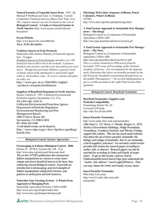 Natural Enemies of Vegetable Insect Pests. 1993. By            Phenology Web Links: Sequence of Bloom, Floral
Michael P. Hoffman and Anne A. Frodsham. Cornell               Calendars, What’s in Bloom
Cooperative Extension Service, Ithaca, New York. 63 p.         ATTRA
The complete manual can also be found on the web at:           http://www.attra.org/attra-pub/phenology.html
Biological Control: A Guide to Natural Enemies in
North America http://www.nysaes.cornell.edu/ent/               A Total System Approach to Sustainable Pest Manage-
biocontrol/                                                    ment —The Image
                                                               Biological Control as a Component of Sustainable
Praxis Website                                                 Agriculture, USDA-ARS
http://www.praxis-ibc.com/id88.htm                             http://sacs.cpes.peachnet.edu/lewis/ecolsyst.gif
See p. 43 for description.
                                                               A Total System Approach to Sustainable Pest Manage-
Predatory Insects in Fruit Orchards                            ment —The Story
Publication 208, Ontario Ministry of Food and Agricul-         Biological Control as a Component of Sustainable
ture. 32 pages.                                                Agriculture, USDA-ARS
Predatory Insects in Fruit Orchards identifies over 100        http://sacs.cpes.peachnet.edu/lewis/lewis1.pdf
beneficial insects that work in the orchard. It features       This is a classic biointensive IPM article from the
detailed color pictures and life cycle descriptions for each   November 1997 issue of Proceedings of the National
insect. Though this particular bulletin is geared to fruit     Academy of Science. It is accompanied by the diagram-
orchards, much of the information is universally appli-        matic illustration that shows an unstable pyramid on the
cable to horticulture crops. To review contents and place      left (Pesticide Treadmill) transitioning through boxes in
an order, see:                                                 the middle (Therapeutics) + (Ecosystem Manipulation) to
http://www.gov.on.ca/OMAFRA/english/                           get to a stable pyramid on the right (Total System Man-
/products/newpubs.html#insects                                 agement).

Suppliers of Beneficial Organisms in North America.                   Biological Control: Beneficial Nematodes
Hunter, Charles D. 1997. California Environmental
Protection Agency, Sacramento, CA. 32 p.                       Beneficial Nematodes: Suppliers and
For a free copy, write to:                                     Pesticide Compatibility,
California Environmental Protection Agency                     Nematology Pointer No. 45
Department of Pesticide Regulation                             University of Florida
Environmental Monitoring and Pest                              http://edis.ifas.ufl.edu/in096
Management Branch
1020 N Street, Room 161                                        Insect Parasitic Nematodes
Sacramento, CA 95814-5624                                      http://www.oardc.ohio-state.edu/nematodes/
Ph: (916) 324-4100                                             Ohio State U., UC Davis, U. Florida, Rutgers U., EPA,
A web-based version can be found at:                           Society of Invertebrate Pathology, Dodge Foundation,
http://www.cdpr.ca.gov/docs/dprdocs/goodbug/                   OceanSpray, Cranberry Institute, and Thermo Triology
benefic.htm                                                    support this website. This site has much useful informa-
                                                               tion about the use of insect parasitic nematodes: the
        Biological Control: Systems Approaches                 biology and ecology of nematodes, how to use nematodes,
                                                               a list of suppliers, and more! An extremely useful section
Farmscaping to Enhance Biological Control. 2000.               provides full citation for research papers according to
Dufour, R. ATTRA, Fayetteville, AR. 25 p.                      author, title, or abstract. Research papers can also be
http://www.attra.org/attra-pub/farmscape.html                  searched for according to Order and Family of target
The on-line ATTRA publication that summarizes                  insect. To get to this section, click on: Search
habitat manipulation as a means to create insect               PublicationsÞKeyword Search Page (just underneath the
refugia and attract beneficial insects to the farm, thus       “author, title, abstract” search engine)ÞInsects. Then
enhancing natural biological control. It provides an           you may choose the Order and Family of your choice.
introduction to farmscaping, practical examples of
habitat manipulation employed by farmers, and                  Insect Parasitic Nematodes
pointers to useful print and web resources.                    Ohio State University
                                                               http://www2.oardc.ohio-state.edu/
Naturalize Your Farming System: A Whole-Farm                   nematodes/
Approach to Managing Pests
Sustainable Agriculture Network, USDA-SARE
http://www.sare.org/farmpest/index.htm
http://www.sare.org/farmpest/farmpest.pdf


           //Biointensive Integrated Pest Management                                                         Page 45
 