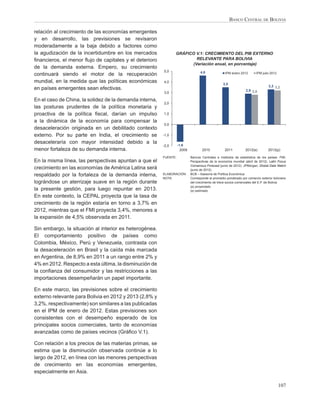 BANCO CENTRAL DE BOLIVIA

relación al crecimiento de las economías emergentes
y en desarrollo, las previsiones se revisaron
moderadamente a la baja debido a factores como
la agudización de la incertidumbre en los mercados              GRÁFICO V.1: CRECIMIENTO DEL PIB EXTERNO
ﬁnancieros, el menor ﬂujo de capitales y el deterioro                   RELEVANTE PARA BOLIVIA
                                                                      (Variación anual, en porcentaje)
de la demanda externa. Empero, su crecimiento
                                                         5,0                      4,6
continuará siendo el motor de la recuperación                                                      IPM enero 2012       IPM julio 2012

mundial, en la medida que las políticas económicas       4,0
                                                                                                  3,5
                                                                                                                                 3,3 3,2
en países emergentes sean efectivas.                                                                             2,9 2,8
                                                         3,0

En el caso de China, la solidez de la demanda interna,
                                                         2,0
las posturas prudentes de la política monetaria y
proactiva de la política ﬁscal, darían un impulso        1,0

a la dinámica de la economía para compensar la
                                                         0,0
desaceleración originada en un debilitado contexto
externo. Por su parte en India, el crecimiento se        -1,0

desaceleraría con mayor intensidad debido a la
                                                         -2,0      -1,6
menor fortaleza de su demanda interna.                               2009           2010           2011          2012(e)        2013(p)

                                                         FUENTE:            Bancos Centrales e Institutos de estadística de los países. FMI,
En la misma línea, las perspectivas apuntan a que el                        Perspectivas de la economía mundial (abril de 2012). Latin Focus
                                                                            Consensus Forecast (junio de 2012). JPMorgan, Global Data Watch
crecimiento en las economías de América Latina será                         (junio de 2012)
respaldado por la fortaleza de la demanda interna,       ELABORACIÓN:       BCB – Asesoría de Política Económica
                                                         NOTA:              Corresponde al promedio ponderado por comercio exterior boliviano
lográndose un aterrizaje suave en la región durante                         del crecimiento de trece socios comerciales del E.P. de Bolivia
                                                                            (p) proyectado
la presente gestión, para luego repuntar en 2013.                           (e) estimado
En este contexto, la CEPAL proyecta que la tasa de
crecimiento de la región estaría en torno a 3,7% en
2012, mientras que el FMI proyecta 3,4%, menores a
la expansión de 4,5% observada en 2011.

Sin embargo, la situación al interior es heterogénea.
El comportamiento positivo de países como
Colombia, México, Perú y Venezuela, contrasta con
la desaceleración en Brasil y la caída más marcada
en Argentina, de 8,9% en 2011 a un rango entre 2% y
4% en 2012. Respecto a esta última, la disminución de
la conﬁanza del consumidor y las restricciones a las
importaciones desempeñarán un papel importante.

En este marco, las previsiones sobre el crecimiento
externo relevante para Bolivia en 2012 y 2013 (2,8% y
3,2%, respectivamente) son similares a las publicadas
en el IPM de enero de 2012. Estas previsiones son
consistentes con el desempeño esperado de los
principales socios comerciales, tanto de economías
avanzadas como de países vecinos (Gráﬁco V.1).

Con relación a los precios de las materias primas, se
estima que la disminución observada continúe a lo
largo de 2012, en línea con las menores perspectivas
de crecimiento en las economías emergentes,
especialmente en Asia.

                                                                                                                                         107
 