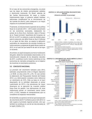 BANCO CENTRAL DE BOLIVIA

En el caso de las economías emergentes, se prevé
que las tasas de interés permanecerán estables
                                                            GRÁFICO V.2: INFLACIÓN EXTERNA RELEVANTE PARA
o disminuirán levemente. En Brasil, además de                                    BOLIVIA
las fuertes disminuciones de tasas a niveles                        (Variación promedio, en porcentaje)
históricamente bajos, el gobierno adoptó medidas         10,0
                                                                                                         IPM enero 2012           IPM julio 2012
adicionales (modiﬁcación de la remuneración de                                          8,1
                                                          8,0
las cuentas de ahorro), para coadyuvar a un mayor
                                                                                                         6,1
impacto en la actividad económica.                        6,0


                                                          4,0
Finalmente, el endurecimiento esperado de la política                                                                                     2,9
                                                                                                                                                2,2
ﬁscal en el período 2012 – 2013 estará concentrado        2,0
en las economías avanzadas, destacando los                                                                                  0,4
                                                          0,0
países de la Zona Euro. Asimismo, dado el fracaso
de la “Super-comisión” bipartidaria del Congreso de                                                                  -0,8
                                                         -2,0
                                                                      -2,0
EE.UU. en 2011 en elaborar un plan de mediano plazo
                                                         -4,0
para la reducción del déﬁcit ﬁscal en $us1,2 billones              2009              2010            2011            2012 (e)             2013 (p)
en un lapso de diez años, se espera la aplicación        FUENTE:             Bancos Centrales e Institutos de estadística de los países. FMI,
automática de mecanismos de recortes forzados en                             Perspectivas de la economía mundial (abril de 2012). Latin Focus
                                                                             Consensus Forecast (junio de 2012). JPMorgan, Global Data Watch
varios sectores y programas de gasto ﬁscal a partir de                       (junio de 2012)
                                                         ELABORACIÓN:        BCB – Asesoría de Política Económica
2013, en el caso de que hasta ﬁn de año no se logre      NOTA:               Corresponde al promedio ponderado por comercio exterior boliviano
                                                                             de la inﬂación a diciembre en dólares estadounidenses de trece
un acuerdo.                                                                  socios comerciales del E.P. de Bolivia
                                                                             (p) proyectado
Al contrario, en Japón se espera una menor moderación                        (e) estimado

del gasto, dadas las necesidades relacionadas con la
reconstrucción después de los desastres naturales
de 2011; y políticas mucho menos restrictivas en las     GRÁFICO V.3: CRECIMIENTO DEL PIB EN AMÉRICA LATINA Y
                                                                            EL CARIBE EN 2012
economías de mercados emergentes con el objetivo                      (Variación anual, en porcentaje)
de incentivar el crecimiento económico.                                                 -3 -2 -1 0         1   2     3   4        5   6    7    8     9
                                                                           Panamá                                                                   8,0
V.2 CONTEXTO NACIONAL                                                          Haití                                                6,0
                                                                               Perú                                                5,7
                                                                                                                                   5
La previsión del crecimiento boliviano para 2012,                       Nicaragua                                               5,0
estimada conjuntamente entre el Órgano Ejecutivo                        Costa Rica                                              5,0
                                                                  R. B. Venezuela                                               5,0
y el BCB, se sitúa entre 5% y 6%. En ese sentido
                                                                              Chile                                            4,9
la elaboración del Presupuesto General del Estado                          Ecuador                                           4,5
                                                                                                                               ,5
2012 y su reformulación considera como referencia                        Colombia                                            4,5
                                                                                                                               ,5
                                                                 Rep. Dominicana                                             4,5
                                                                                                                               ,5
un crecimiento de 5,5%. Éste se basa en el buen
                                                                  Centro América                                             4,5
                                                                                                                               ,5
desempeño de la actividad observada al primer                               México                                         4,0
cuatrimestre de 2012 y las previsiones de mayor          América Latina y el Caribe                                       3,7
                                                                         Argentina                                       3,5
dinamismo en la ejecución de inversión pública
                                                                          Uruguay                                        3,5
hacia ﬁnes de gestión. Las estimaciones de otras                        Guatemala                                        3,5
instituciones prevén un crecimiento menor (entre                         Honduras                                       3,2
                                                                              Cuba                                     3,0
4,4% y 5,0%), basadas en extrapolaciones que no
                                                                              Brasil                                  2,7
consideran los aspectos mencionados.                                     ELCaribe                                   2,3
                                                                       El Salvador                                 2,0
En tal sentido, es oportuno remarcar que la proyección                   Paraguay         -1,5
de crecimiento del E.P. de Bolivia para el año 2012 no   FUENTE:             CEPAL, Informe macroeconómico de América Latina y el Caribe
sólo supera al promedio regional previsto, sino que                          (junio de 2012) y Banco Central de Bolivia
                                                         ELABORACIÓN:        BCB – Asesoría de Política Económica
también se constituye en una de las más elevadas de      NOTA:               El área muestra el intervalo en el que se encontraría el crecimiento
                                                                             del PIB boliviano según estimaciones oﬁciales
la región (Gráﬁco V.3).


                                                                                                                                                 109
 