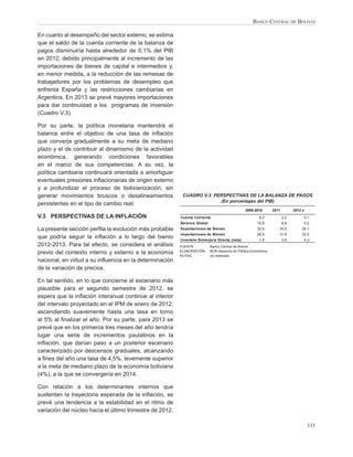 BANCO CENTRAL DE BOLIVIA

En cuanto al desempeño del sector externo, se estima
que el saldo de la cuenta corriente de la balanza de
pagos disminuiría hasta alrededor de 0,1% del PIB
en 2012, debido principalmente al incremento de las
importaciones de bienes de capital e intermedios y,
en menor medida, a la reducción de las remesas de
trabajadores por los problemas de desempleo que
enfrenta España y las restricciones cambiarias en
Argentina. En 2013 se prevé mayores importaciones
para dar continuidad a los programas de inversión
(Cuadro V.3).

Por su parte, la política monetaria mantendrá el
balance entre el objetivo de una tasa de inﬂación
que converja gradualmente a su meta de mediano
plazo y el de contribuir al dinamismo de la actividad
económica, generando condiciones favorables
en el marco de sus competencias. A su vez, la
política cambiaria continuará orientada a amortiguar
eventuales presiones inﬂacionarias de origen externo
y a profundizar el proceso de bolivianización, sin
generar movimientos bruscos o desalineamientos             CUADRO V.3: PERSPECTIVAS DE LA BALANZA DE PAGOS
                                                                         (En porcentajes del PIB)
persistentes en el tipo de cambio real.
                                                                                                2005-2010       2011         2012 e
V.3 PERSPECTIVAS DE LA INFLACIÓN                          Cuenta Corriente                              8,3            2,2        0,1
                                                          Balance Global                               10,8            8,6        0,2
La presente sección perﬁla la evolución más probable      Exportaciones de Bienes                      32,9        34,5          34,1
                                                          Importaciones de Bienes                      26,9        31,8          32,5
que podría seguir la inﬂación a lo largo del bienio       Inversión Extranjera Directa (neta)           1,8            3,6        4,2
2012-2013. Para tal efecto, se considera el análisis      FUENTE:          Banco Central de Bolivia
                                                          ELABORACIÓN:     BCB-Asesoría de Política Económica
previo del contexto interno y externo a la economía       NOTAS:           (e) estimado
nacional, en virtud a su inﬂuencia en la determinación
de la variación de precios.

En tal sentido, en lo que concierne al escenario más
plausible para el segundo semestre de 2012, se
espera que la inﬂación interanual continúe al interior
del intervalo proyectado en el IPM de enero de 2012,
ascendiendo suavemente hasta una tasa en torno
al 5% al ﬁnalizar el año. Por su parte, para 2013 se
prevé que en los primeros tres meses del año tendría
lugar una serie de incrementos paulatinos en la
inﬂación, que darían paso a un posterior escenario
caracterizado por descensos graduales, alcanzando
a ﬁnes del año una tasa de 4,5%, levemente superior
a la meta de mediano plazo de la economía boliviana
(4%), a la que se convergería en 2014.

Con relación a los determinantes internos que
sustentan la trayectoria esperada de la inﬂación, se
prevé una tendencia a la estabilidad en el ritmo de
variación del núcleo hacia el último trimestre de 2012.

                                                                                                                                      111
 