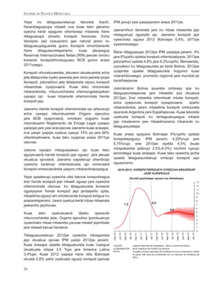 INFORME DE POLÍTICA MONETARIA

Yepe iru tëtaguasuretarupi tekoreta ikachi,               IPM jeirupi yasi yasipiperami arasa 2011pe.
ñaneretaguasupe mbaeti ova kuae teko jaeramo
oyecha keräi opaguire oñemboepi mbiareta ñane             Jaeramiñovi itanereta jare iru mbae mbaereta jepi
rëtaguasupe oimeño korepoti ñanoivae. Echa                mbeguerupi ogueyita ojo. Jaeramo korepoti jepi
itaneipitu jepi oyeupirami gas natural jarevi iru         oyeechata ogueyi 2012 Boliviape 0,4%, 2011pe
tëtaguasupeguareta gueru ikorepoti omombaraviki           oyeechavaegui.
ñane      rëtaguasuretaperamo.  kuae     jekopegua        Ñane rëtaguasupe 2012pe IPM yasipipe jeirami, 5%
Reservas Internacionales Netas (RIN) jeevae omoiru        jare 6%peño opitata korepoti oñemboatiyave. 2013pe
korepoti, korepotiñovatuguasu BCB guinoi arasa            jokoraiñovi opitata 4,8% jare 6,2%rupiño. Ñemaereta,
2011vaegui.                                               oyovakevi iru tëtaguasureta jei kerái Bolivia, 2012pe
Korepoti oñuvatuvaereta, jekuaevi okuakuareta echa        oyapirata opaete tëtaguasureta ñoguinoi kuae
jeta tëtaiporeta oyeko jesereta jare omoi jaereta ipope   iviiarambovaegui. promedio regional jare mundial jei
ikorepoti, jokoraiñovi jeta tëtaiporeta oiporu korepoti   karaiñeepevae
mbaembae oyapovaerä. Kuae teko omomirata                  Jokoráiramo Bolivia ipuereta omboepi ipia ïru
mbaravikireta, mburuvichareta oñemongetarupikavi          tëtaguasuretapevae jare mbaetita ipia okuakua
oyeapo ojo kuae mbaraviki oñemomirata ñande               2012pe. Erei mbaetita oñemboati mbate korepoti,
korepoti jepi.                                            echa oyeporuta korepoti oyeapovaera          opaño
Jaeramo ñande korepoti oñemomirata ojo añaverupi          mbaravikireta, jarevi mbaetima korepoti omboureta
echa oyeapo mborokuaireta Organo ejecutivo                oparaviki Argentina jare Españapevae. Kuae tekoreta
jare BCB oyapovaerä, omoikavi yogueru kuae                oyekuata korepoti iru tentaguasupegua mbaeti
mborokuaimi Reglamento de Encaje Legal oyeapo             jepi mbateramo jare mbaetimaramo mbaraviki iru
yasipipe jare yasi araivipevae Jaeramo kuae arasape,      tëtaguasuretape.
ova yasipi iyapipe oyekua oyeupi 74% pe jare 68%          Kuae arasa opayave Boliviape 5%rupiño opitata
oñemboativaere, kuae teko oyapiraa arasa 2011pe           korepotiepigueyi, IPM jeirami, 4,25%rupi jare
oikovae.                                                  5,75%rupi, erei 2013pe oipitita 4,5% (kuae
Jokorai oyeapo mbeguepekavi ojo kuae teko                 mbapakareta ipiterupi 2,5%-6,5%) michimi oyeupi
aguiyevaerä ñande korepoti jepi ogueyi jare jekuae        tenondegui kuae arasape. Kuae teko oyeecha jecha
okuakua ojovaerä. Jaeramo oapeterupi oñemboipi            opaete tëtaguasuretarupi omboipi korepoti jepi
oyeecha keräirupi oñembokuata ojo oimevaerä               ogueyiramo.
korepoti omeevaeräreta yaiporu mbaravikiapopegua.                  2010-2013: KOREPOTIEPIGUEYI OYEECHA AÑAVERUPI
                                                                                   JARE KURIPEGUA
Yepe opaeterupi oyeecha oiko tekorai korepotiregua                                   (Irundi yasiretape oyoavi oe iñemboao)
erei ñande korepoti jepi mbaeti ogueyi jare oyeecha                                                                                                                                                          13

oñemomirata oikovae. Iru tëtaguasureta ikorepoti                                                                                                                                                             12
                                                                                                                                                                                                             11
ogueyiyave ñande korepoti jepi jendapeño opita,
                                                                                                                                                                                                             10
mbaetima ogueyi ani omotenonde korepoti ketigua ïru                                                                                                                                                          9
arasaretaperami. Jarevi oyekua keräi mbae mbaereta                                                                                                                                                           8
                                                                            7,2                                               6,9
jaekaviño jepiñovae.                                                                                                                                                                                         7
                                                                                                                                                                                                             6
                                                                                                                                                               5,0
                                                                                                                                                                                                             5
Kuae    teko     oyekuavaerä    tätako    oparaviki
                                                                                                                                                                                                             4
mburuvichareta jese, Organo ejecutivo iporokuairupi                                                                                                                                                          3
oyeechako mbae mbaereta yauvae mbaeti jepimbate                                                                                                                                                              2
jare mbaeti karuai ñandeve.                                                                                                                                                                                  1
                                                                                                                                                                                                             0
                                                                                     dic-10

                                                                                                mar-11




                                                                                                                           dic-11

                                                                                                                                    mar-12




                                                                                                                                                                dic-12
                                                                   jun-10

                                                                            sep-10




                                                                                                         jun-11




                                                                                                                                                                         mar-13




                                                                                                                                                                                                    dic-13
                                                                                                                  sep-11
                                                          mar-10




                                                                                                                                             jun-12

                                                                                                                                                      sep-12




                                                                                                                                                                                  jun-13

                                                                                                                                                                                           sep-13




Tëtaguasuretarupi 2012pe oyeecha mbaaporeta
jepi okuakua ojovae IPM yasipi 2012pe jeirami.
Kuae arasape opaete tëtaguasureta kuae ivipegua           FUENTE:                             Instituto Nacional de Estadística - Banco Central de Bolivia
                                                          ELABORACIÓN:                        BCB- Asesoría de Política Económica
okuakuata ndaye 3,5 %pe jare America Latina               NOTA:                               El gráﬁco incluye intervalos de conﬁanza en torno al escenario central
3,4%pe. Kuae 2012 iyapipe ñane rëta Boliviape                                                 (la parte más clara es consistente con un intervalo de conﬁanza de
                                                                                              90%)
okuata 2,8% peño oyekuata ogueyi korepoti jepivae

26
 