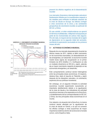 INFORME DE POLÍTICA MONETARIA

                                                                                  prevenir los efectos negativos de la desaceleración
                                                                                  mundial.

                                                                                  Los mercados ﬁnancieros internacionales estuvieron
                                                                                  fuertemente inﬂuidos por la incertidumbre respecto a
                                                                                  las medidas para enfrentar la delicada situación de
                                                                                  la crisis de deuda en Europa, los efectos contagio
                                                                                  a otras economías de la Zona y las cambiantes
                                                                                  perspectivas de crecimiento mundial, en particular de
                                                                                  EE.UU. y China.

                                                                                  En ese sentido, el dólar estadounidense se apreció
                                                                                  en términos multilaterales, reﬂejando la búsqueda por
                                                                                  parte de los inversionistas de activos más seguros.
                                                                                  Por otro lado, la mayoría de las monedas de la región
                                                                                  se depreciaron en la segunda mitad del semestre,
        GRÁFICO I.1: CRECIMIENTO ECONÓMICO MUNDIAL                                revirtiendo la apreciación acumulada en los primeros
                (Variación trimestral anualizada)                                 meses del año.
15,0
                          Mundo
                          Economías avanzadas
                          Economías emergenes y en desarrollo                     I.1   ACTIVIDAD ECONÓMICA MUNDIAL
10,0

                                                                                  Después de una marcada desaceleración durante los
                                                                            6,2
 5,0                                                                              últimos meses de 2011, debido al débil crecimiento
                                                                            3,4
                                                                                  en las economías avanzadas y la desaceleración en
                                                                            1,6
 0,0                                                                              las emergentes y en desarrollo, la economía mundial
                                                                                  mostró leves signos de recuperación en el primer
 -5,0
                                                                                  trimestre de 2012 (Gráﬁco I.1). Conﬂuyeron en ella
                                                                                  un modesto dinamismo en EE.UU y Japón, además
                                                                                  de un mayor crecimiento respecto al esperado en las
-10,0
                                                                                  economías emergentes y en desarrollo.
         12 - T2 e
          07 - T1
          07 - T2
          07 - T3
          07 - T4
          08 - T1
          08 - T2
          08 - T3
          08 - T4
          09 - T1
          09 - T2
          09 - T3
          09 - T4
          10 - T1
          10 - T2
          10 - T3
          10 - T4
          11 - T1
          11 - T2
          11 - T3
          11 - T4
          12 - T1




FUENTE:        FMI, Perspectivas de la economía mundial (abril de 2012)           Este comportamiento continuó siendo heterogéneo
ELABORACIÓN:   BCB – Asesoría de Política Económica
NOTA:          Las líneas punteadas corresponden a estimaciones de junio 2011
                                                                                  entre las principales áreas económicas. Al respecto,
               (e) Estimación                                                     destaca Asia, dado el repunte en Tailandia y Japón
                                                                                  después de los desastres naturales y la orientación
                                                                                  expansiva de sus políticas monetarias.

                                                                                  Sin embargo, en el segundo trimestre la actividad
                                                                                  económica mundial experimentó nuevamente un
                                                                                  importante debilitamiento debido a la agudización
                                                                                  de la crisis de deuda y los indicadores de actividad
                                                                                  económica menores a los esperados en la Zona Euro,
                                                                                  y el debilitamiento de los correspondientes en EE.UU.
                                                                                  y China, las tres principales áreas económicas en el
                                                                                  mundo.

                                                                                  Con relación a la situación de la Zona Euro, la misma
                                                                                  continuó siendo afectada por la agudización de
                                                                                  la crisis de deuda en Grecia, a la que se sumaron
                                                                                  los efectos contagio a otras economías de mayor
                                                                                  importancia sistémica dentro de la Zona de la moneda
                                                                                  común, como España e Italia.

30
 