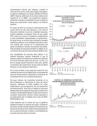 BANCO CENTRAL DE BOLIVIA

administración informó que tampoco cumplirá la
meta de 2012 (4,4%). Ante estos magros resultados,
la agencia caliﬁcadora de riesgo Standard & Poor’s
(S&P) rebajó la caliﬁcación de la deuda soberana de                                 GRÁFICO I.22: PERCEPCIÓN DEL RIESGO
España de “A” a “BBB+” con perspectiva negativa,                                              EN ESPAÑA E ITALIA
                                                                                               (En puntos básicos)
añadiendo además la posibilidad de que el gobierno
                                                                                a) Spread de bonos soberanos a 10 años relativos
tenga que proporcionar mayor apoyo a su sistema                                               a bonos de Alemania
bancario.                                                   700

                                                            600                                                                 España                                                   Italia
En mayo de 2012 se anunció la nacionalización del
                                                            500
cuarto banco de ese país (Bankia) y una reforma
ﬁnanciera mediante la cual las entidades bancarias          400

estarán obligadas a traspasar antes de que acabe            300
2012 todos sus activos inmobiliarios problemáticos          200
a otras sociedades especializadas en gestionarlos.
                                                            100
De igual forma, se anunció que el gobierno otorgará
                                                              0
préstamos públicos a las entidades bancarias como




                                                                           may-09




                                                                           ene-10

                                                                           may-10




                                                                           ene-11

                                                                           may-11
                                                                           mar-09

                                                                            jul-09




                                                                           ene-12
                                                                           sep-09
                                                                           nov-09




                                                                           may-12
                                                                           mar-10

                                                                            jul-10
                                                                           sep-10
                                                                           nov-10

                                                                           mar-11

                                                                            jul-11
                                                                           sep-11
                                                                           nov-11

                                                                           mar-12
una medida para avanzar en el saneamiento del
sector inmobiliario y reactivar la concesión del crédito.
                                                                                                                                           b) Spread de CDS
Esta escalada de tensiones también se reﬂejó en un
                                                            650
incremento del costo de ﬁnanciamiento (Gráﬁco I.22).        600                                                       Italia                              España
                                                            550
Las necesidades de recursos para apoyar a su                500
                                                            450
sistema ﬁnanciero llevaron ﬁnalmente a que el               400
gobierno español formalizara un pedido de asistencia        350
                                                            300
a la Unión Europea (UE) el 25 de junio. La UE, a la         250
par de otorgar ayuda ﬁnanciera a este país, aprobó          200
                                                            150
la extensión del cumplimiento de las metas de déﬁcit        100
ﬁscal por un año adicional hasta 2014.                       50
                                                                                        jun-10

                                                                                                          ago-10
                                                                           abr-10




                                                                                                                                         dic-10




                                                                                                                                                                                                          ago-11
                                                                                                                       oct-10



                                                                                                                                                        feb-11

                                                                                                                                                                          abr-11

                                                                                                                                                                                        jun-11



                                                                                                                                                                                                                         oct-11

                                                                                                                                                                                                                                       dic-11

                                                                                                                                                                                                                                                         feb-12

                                                                                                                                                                                                                                                                      abr-12

                                                                                                                                                                                                                                                                                        jun-12
En el caso de Italia, si bien este país avanzó en sus
medidas de reducción de déﬁcit ﬁscal, la escalada del       FUENTE:                                          Bloomberg
                                                            ELABORACIÓN:                                     BCB – Asesoría de Política Económica
costo de ﬁnanciamiento respondió al incremento de
la incertidumbre en los mercados ﬁnancieros.

De igual manera, las crecientes tensiones en la                                 GRÁFICO I.23: DIFERENCIAL DE RIESGO DE
                                                                             INCUMPLIMIENTO CREDITICIO (CDS) DEL SECTOR
Zona empezaron a transmitirse al resto del sector
                                                                                        BANCARIO DE EUROPA
bancario, afectando el perﬁl crediticio de varias                                      (En puntos porcentuales)
                                                            400
instituciones y, por consiguiente, de sus condiciones       350
de ﬁnanciamiento. Todo esto se reﬂejó en crecientes         300
diferenciales de los swaps de riesgo de incumplimiento      250

crediticio (Credit Default Swaps o CDS) de los bancos       200

europeos, alcanzando inclusive niveles superiores a         150

los observados tras el estallido de la crisis de 2008-      100

2009 (Gráﬁco I.23).                                         50

                                                             0
                                                                               jun-07


                                                                                                 dic-07
                                                                  mar-07


                                                                                        sep-07




                                                                                                                      jun-08


                                                                                                                                            dic-08
                                                                                                             mar-08




                                                                                                                                                                 jun-09


                                                                                                                                                                                     dic-09
                                                                                                                                sep-08


                                                                                                                                                     mar-09




                                                                                                                                                                                                           jun-10


                                                                                                                                                                                                                              dic-10
                                                                                                                                                                            sep-09


                                                                                                                                                                                                 mar-10




                                                                                                                                                                                                                                                jun-11


                                                                                                                                                                                                                                                                      dic-11
                                                                                                                                                                                                                    sep-10


                                                                                                                                                                                                                                       mar-11




                                                                                                                                                                                                                                                                                           jun-12
                                                                                                                                                                                                                                                             sep-11


                                                                                                                                                                                                                                                                               mar-12




Cabe destacar que el mismo día que el gobierno
español formalizó su solicitud de ayuda, el gobierno        FUENTE:                                          Bloomberg
de Chipre también solicitó asistencia ﬁnanciera de los      ELABORACIÓN:                                     BCB – Asesoría de Política Económica

fondos de rescate de la UE, dada la elevada exposición
de su sistema ﬁnanciero a Grecia, convirtiéndose en
el quinto país de la Zona en hacerlo.

                                                                                                                                                                                                                                                                                        41
 
