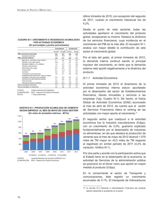 INFORME DE POLÍTICA MONETARIA

                                                                                                  último trimestre de 2010, con excepción del segundo
                                                                                                  de 2011, cuando el crecimiento interanual fue de
                                                                                                  4,2%.

                                                                                                  Desde el punto de vista sectorial, todas las
                                                                                                  actividades aportaron al crecimiento del producto
                                                                                                  global, exceptuando la minería. Destaca la dinámica
CUADRO III.1: CRECIMIENTO E INCIDENCIAS ACUMULADAS                                                de los servicios ﬁnancieros, cuya incidencia en el
               POR ACTIVIDAD ECONÓMICA
         (En porcentajes y puntos porcentuales)                                                   crecimiento del PIB es la más alta. El recuadro III.1,
                                                        Crecimiento                Incidencias    analiza con mayor detalle la contribución de este
                                                      T1-11
                                                               p/
                                                                    T1-12
                                                                            p/
                                                                                 T1-11   T1-12    sector al crecimiento global.
PIB a precios de mercado                                5,6           5,2          5,6     5,2
         Impuestos Indirectos                           16,6         13,8          1,6     1,5
PIB a precios básicos                                   4,5           4,1          4,0     3,7    Por el lado del gasto, al primer trimestre de 2012,
      Agricultura, silvicultura, caza y pesca            4,1          4,0          0,6      0,5
      Petróleo crudo y gas natural                      14,8          7,7          0,9      0,5
                                                                                                  la demanda interna continuó siendo el principal
      Minerales metálicos y no metálicos                1,2          -6,7          0,1     -0,4
      Industria manufacturera                           2,3           5,0          0,4      0,8
                                                                                                  impulsor del crecimiento, en tanto que la demanda
      Electricidad, gas y agua
      Construcción
                                                        8,4
                                                        8,1
                                                                      6,6
                                                                     11,5
                                                                                   0,2
                                                                                   0,2
                                                                                            0,1
                                                                                            0,2
                                                                                                  externa neta aportó negativamente a la dinámica del
      Comercio
      Transporte y comunicaciones
                                                        4,0           3,5          0,3      0,3   producto.
                                                        7,6           5,1          0,8      0,6
      Establecimientos financieros, seguros, bienes
      inmuebles y servicios a las empresas               5,2          8,3         0,6       1,0
      Servicios de la administración pública             3,7          6,8         0,3       0,6   III.1.1   Actividad Económica
      Otros servicios                                    2,8          3,1         0,2       0,2
      Servicios bancarios imputados                     13,0         18,1         -0,5     -0,7
PIB pb actividades extractivas                          7,3          5,2          0,9       0,0   Al primer trimestre de 2012 el dinamismo de la
PIB pb actividades no extractivas                       4,0          4,8          3,1       3,7
                                                                                                  actividad económica interna estuvo apuntalado
FUENTE:                Instituto Nacional de Estadística
ELABORACIÓN:           BCB – Asesoría de Política Económica                                       por el desempeño del sector de Establecimientos
                       p/
NOTAS:                    Cifras preliminares
                                                                                                  ﬁnancieros, bienes inmuebles y servicios a las
                                                                                                  empresas (1pp; Cuadro III.1). De hecho, el Índice
                                                                                                  Global de Actividad Económica (IGAE) acumulado
                                                                                                  al mes de abril de 2012, da cuenta que el sector
  GRÁFICO III.1: PRODUCCIÓN ACUMULADA DE CEMENTO
  SEGÚN EMPRESA AL MES DE MAYO DE CADA GESTIÓN                                                    de Servicios Financieros lidera el ranking de las
         (En miles de toneladas métricas - M/Tm)                                                  actividades con mayor aporte al crecimiento.17
1.200
                                                                                          1.079
                                                                                 1.036
                                                                                                  El segundo sector que coadyuvó a la actividad
1.000                                                               944
                                                      865                                         económica fue la Industria manufacturera (0,8pp),
 800                                       744                                                    con un crecimiento de 5,0%, guarismo explicado
                        601      611                                                              fundamentalmente por el desempeño de industrias
 600         523                                                                                  no alimenticias, en las que destaca la producción de
                                                                                                  cemento que al mes de mayo de 2012 alcanzó 1.079
 400
                                                                                                  miles de TM mayor en 43,5 miles de TM respecto
 200                                                                                              al registrado en similar periodo de 2011 (4,2% de
                                                                                                  variación; Gráﬁco III.1).
     0
            2005       2006     2007       2008       2009          2010         2011     2012
                                                                                                  Por otra parte y acorde con la participación activa que
                     SOBOCE      COBOCE          FANCESA        ITACAMBA

FUENTE:                Sociedad Boliviana de Cemento (SOBOCE) S.A.
                                                                                                  el Estado tiene en el desempeño de la economía, la
ELABORACIÓN:           BCB – Asesoría de Política Económica                                       actividad de Servicios de la administración pública
                                                                                                  se posicionó en el tercer rubro que aportó en mayor
                                                                                                  medida al producto (0,6pp).

                                                                                                  En lo concerniente al sector de Transporte y
                                                                                                  comunicaciones, éste registró un crecimiento
                                                                                                  acumulado de 5,1%. El transporte de hidrocarburos

                                                                                                  17 La sección III.3 inherente a Intermediación Financiera del presente
                                                                                                     capítulo desarrolla lo acontecido en el sector.


70
 
