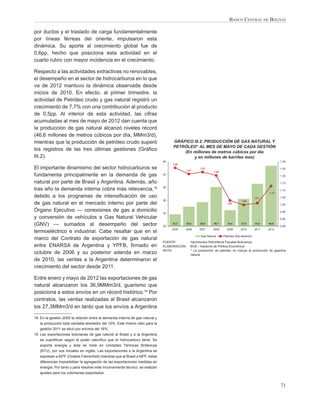 BANCO CENTRAL DE BOLIVIA

por ductos y el traslado de carga fundamentalmente
por líneas férreas del oriente, impulsaron esta
dinámica. Su aporte al crecimiento global fue de
0,6pp, hecho que posiciona esta actividad en el
cuarto rubro con mayor incidencia en el crecimiento.

Respecto a las actividades extractivas no renovables,
el desempeño en el sector de hidrocarburos en lo que
va de 2012 mantuvo la dinámica observada desde
inicios de 2010. En efecto, al primer trimestre, la
actividad de Petróleo crudo y gas natural registró un
crecimiento de 7,7% con una contribución al producto
de 0,5pp. Al interior de esta actividad, las cifras
acumuladas al mes de mayo de 2012 dan cuenta que
la producción de gas natural alcanzó niveles récord
(46,6 millones de metros cúbicos por día, MMm3/d),
mientras que la producción de petróleo crudo superó                                  GRÁFICO III.2: PRODUCCIÓN DE GAS NATURAL Y
                                                                                     PETRÓLEO1/ AL MES DE MAYO DE CADA GESTIÓN
los registros de las tres últimas gestiones (Gráﬁco                                      (En millones de metros cúbicos por día
III.2).                                                                                      y en millones de barriles mes)
                                                                                45                                                                           1,30
                                                                                     1,26
El importante dinamismo del sector hidrocarburos se                                         1,21
                                                                                                     1,23                                                    1,25
                                                                                                               1,20
fundamenta principalmente en la demanda de gas                                  42
                                                                                                                                                             1,20

natural por parte de Brasil y Argentina. Además, año                                                                                                         1,15
                                                                                39
tras año la demanda interna cobra más relevancia,18                                                                                                          1,10
                                                                                                                                                      1,13
debido a los programas de intensiﬁcación de uso                                                                                                1,01          1,05
                                                                                36                                                  1,00
de gas natural en el mercado interno por parte del                                                                      1,03                                 1,00

Órgano Ejecutivo — conexiones de gas a domicilio                                33
                                                                                                                                                             0,95

y conversión de vehículos a Gas Natural Vehicular                                                                                                            0,90

(GNV) — sumados al desempeño del sector                                         30
                                                                                     33,3   35,4     36,6      40,7      34,4      37,5        41,6   46,6
                                                                                                                                                             0,85
                                                                                     2005   2006     2007     2008      2009       2010        2011   2012
termoeléctrico e industrial. Cabe resaltar que en el
                                                                                                      Gas Natural     Petróleo (Eje derecho)
marco del Contrato de exportación de gas natural
                                                                                FUENTE:        Yacimientos Petrolíferos Fiscales Bolivianos
entre ENARSA de Argentina y YPFB, ﬁrmado en                                     ELABORACIÓN:   BCB – Asesoría de Política Económica
                                                                                               1/
                                                                                NOTA:             La producción de petróleo no incluye la producción de gasolina
octubre de 2006 y su posterior adenda en marzo                                                 natural
de 2010, las ventas a la Argentina determinaron el
crecimiento del sector desde 2011.

Entre enero y mayo de 2012 las exportaciones de gas
natural alcanzaron los 36,9MMm3/d, guarismo que
posiciona a estos envíos en un récord histórico.19 Por
contratos, las ventas realizadas al Brasil alcanzaron
los 27,3MMm3/d en tanto que los envíos a Argentina

18 En la gestión 2005 la relación entre la demanda interna de gas natural y
   la producción total oscilaba alrededor del 10%. Este mismo ratio para la
   gestión 2011 se situó por encima del 16%.
19 Las exportaciones bolivianas de gas natural al Brasil y a la Argentina
   se cuantiﬁcan según el poder caloríﬁco que el hidrocarburo tiene. Se
   exporta energía y ésta se mide en Unidades Térmicas Británicas
   (BTU), por sus iniciales en inglés. Las exportaciones a la Argentina se
   expresan a 60ºF (Grados Fahrenheit) mientras que al Brasil a 68ºF, estas
   diferencias imposibilitan la agregación de las exportaciones medidas en
   energía. Por tanto y para resolver este inconveniente técnico, se realizan
   ajustes para los volúmenes exportados.


                                                                                                                                                             71
 